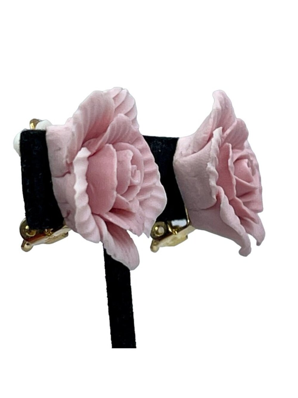 Vintage Porcelain Bisque Pink Flower Large Clip Earrings Artisan Hand Made Matte - Picture 2 of 10